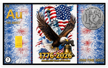 Load image into Gallery viewer, American Eagle &amp; Liberty Bell 250th Anniversary Collection 1/4 Grain Gold Bar  Trading Card
