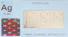 Load image into Gallery viewer, 1 Gram Divisible Silver Bar .999 Silver Bars Three 5 Grain Bars
