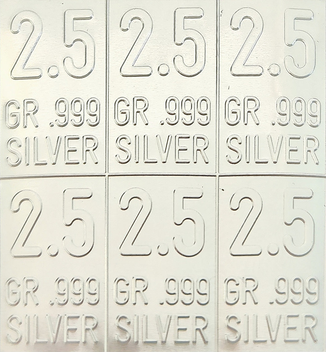 6 Pack- 1 Gram Divisible Silver Bar .999 Silver Bars Six 2.5 Grain Bars